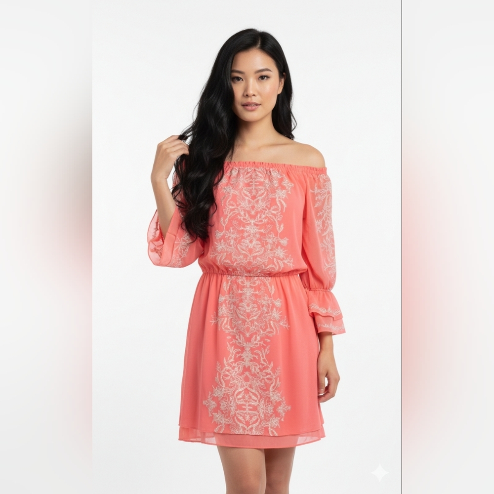 White House Black Market Coral Off-Shoulder Embroidered Dress XL